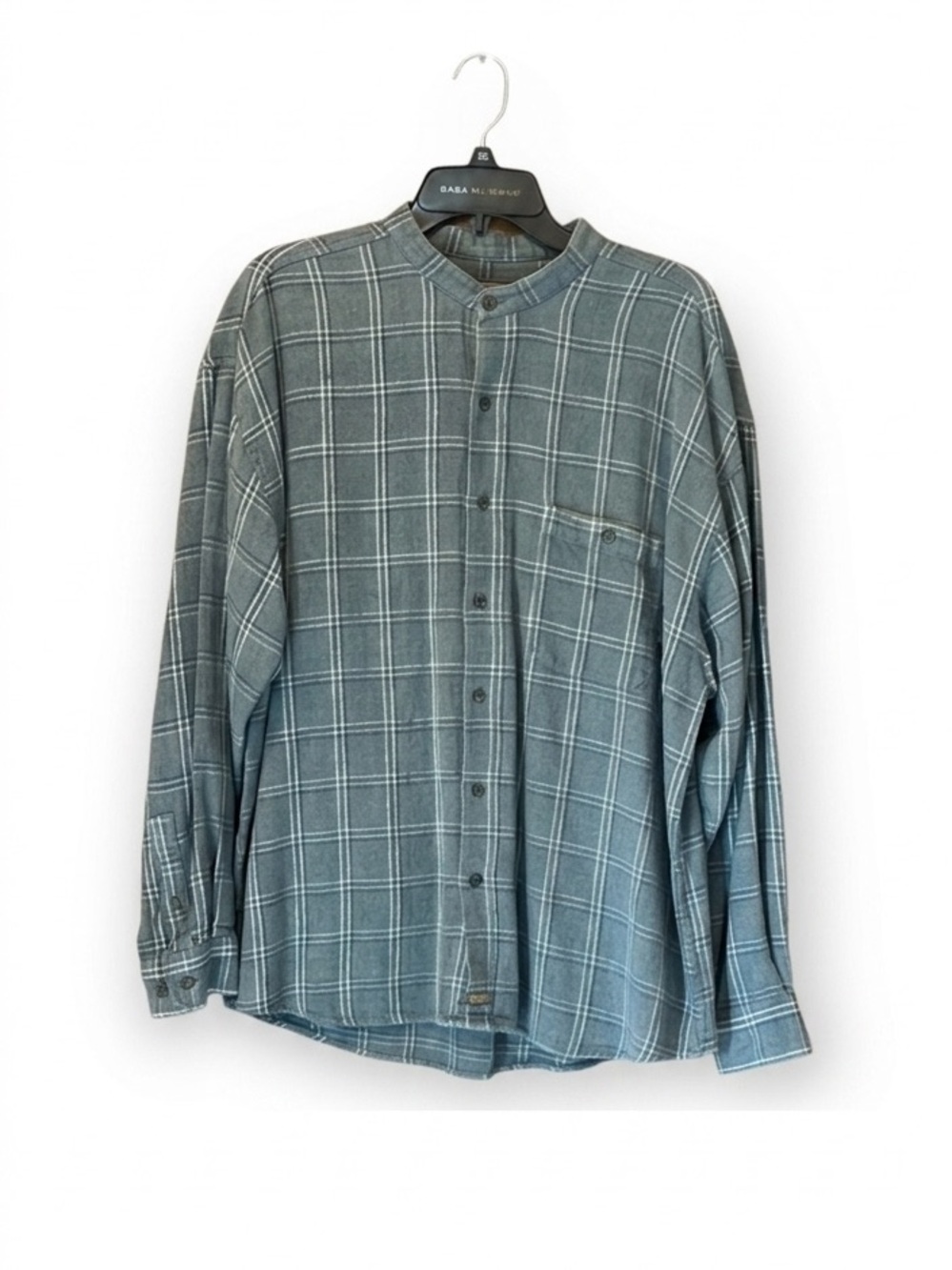 Vintage Bruno Men XL Plaid Shirt Collarless Band Grandad Cotton Linen Grey